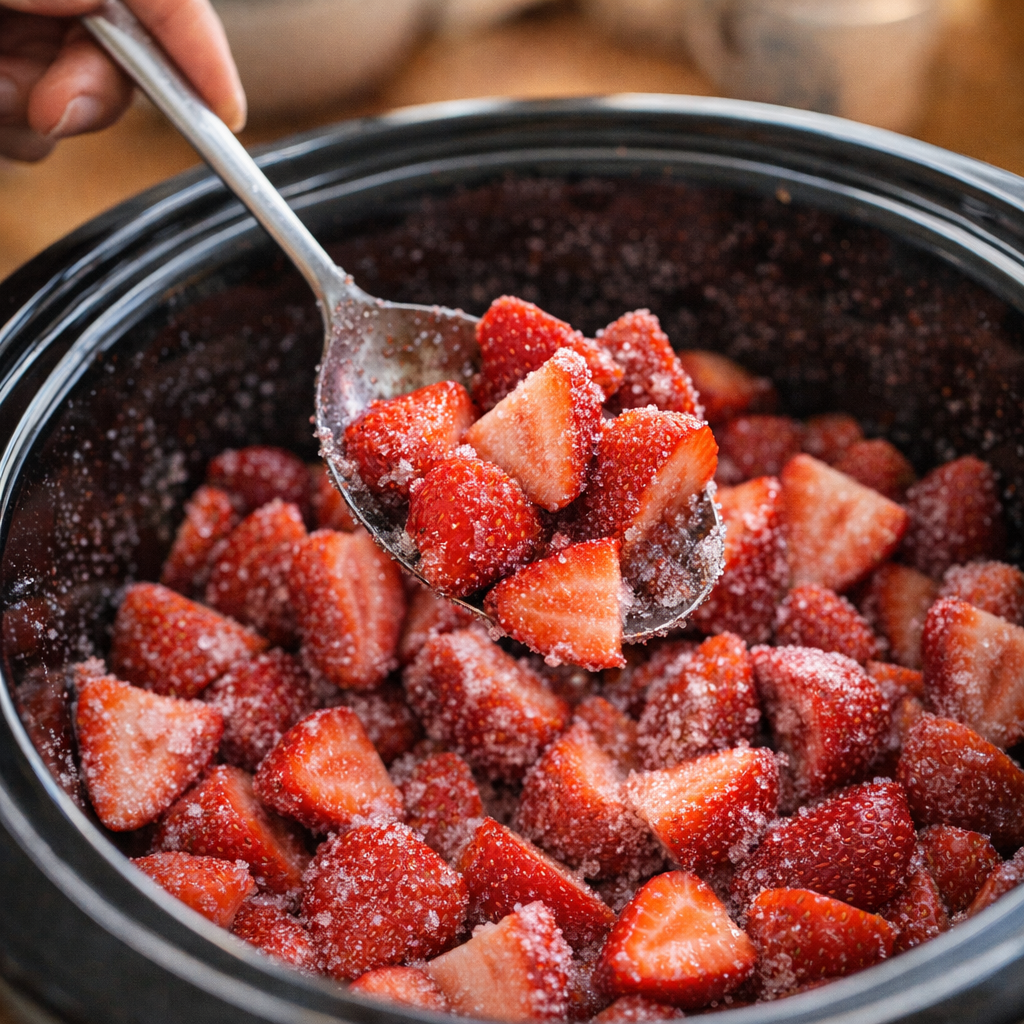 Strawberries being gently tossed with sugar in the slow cooker