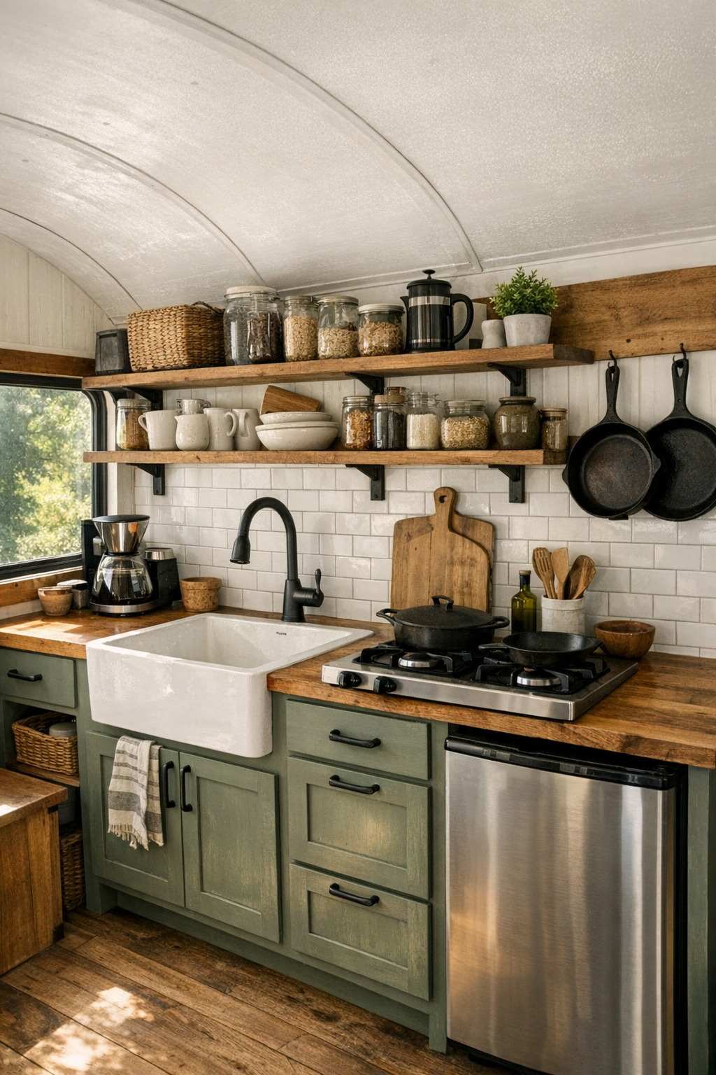 Rustic galley kitchen inside the bus with sage cabinets and butcher block counters