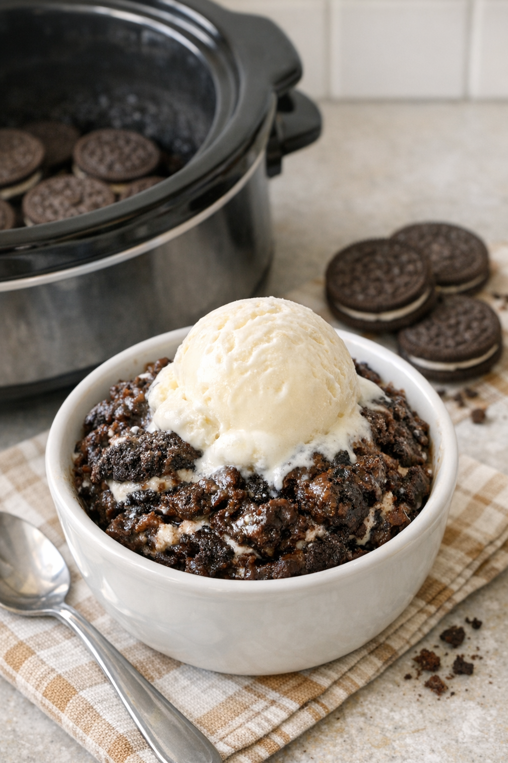 Warm chocolate sandwich cookie dessert scooped into a bowl