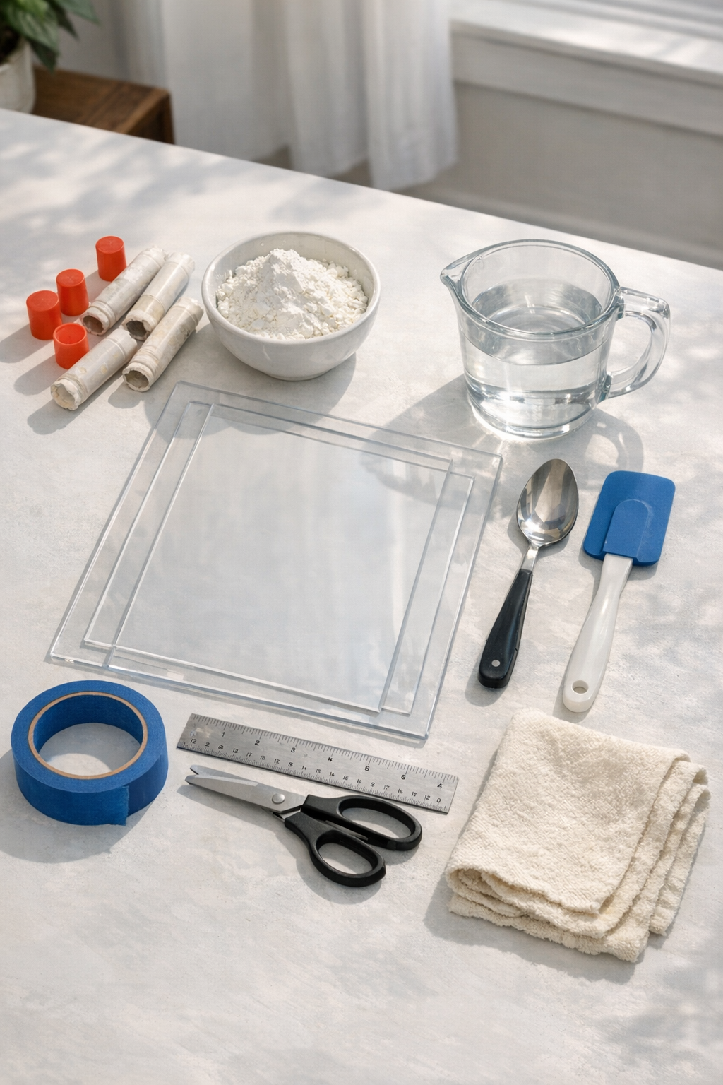 Materials for DIY frosted window privacy panels laid out on a table