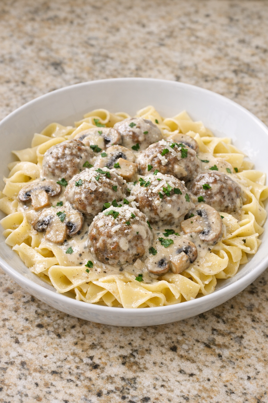 Finished alfredo beef meatballs served in a bowl