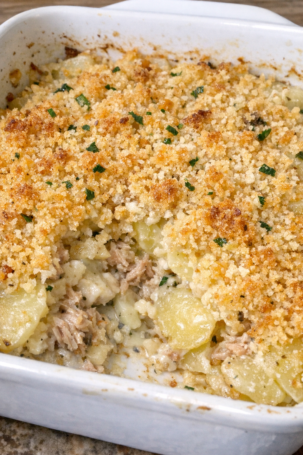 Creamy tuna potato bake with golden topping