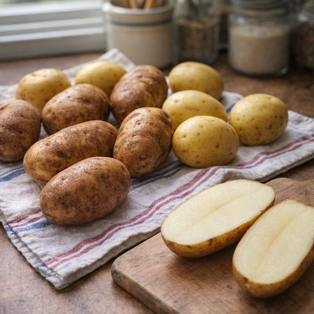 Freshly scrubbed potatoes on a towel beside a cutting board