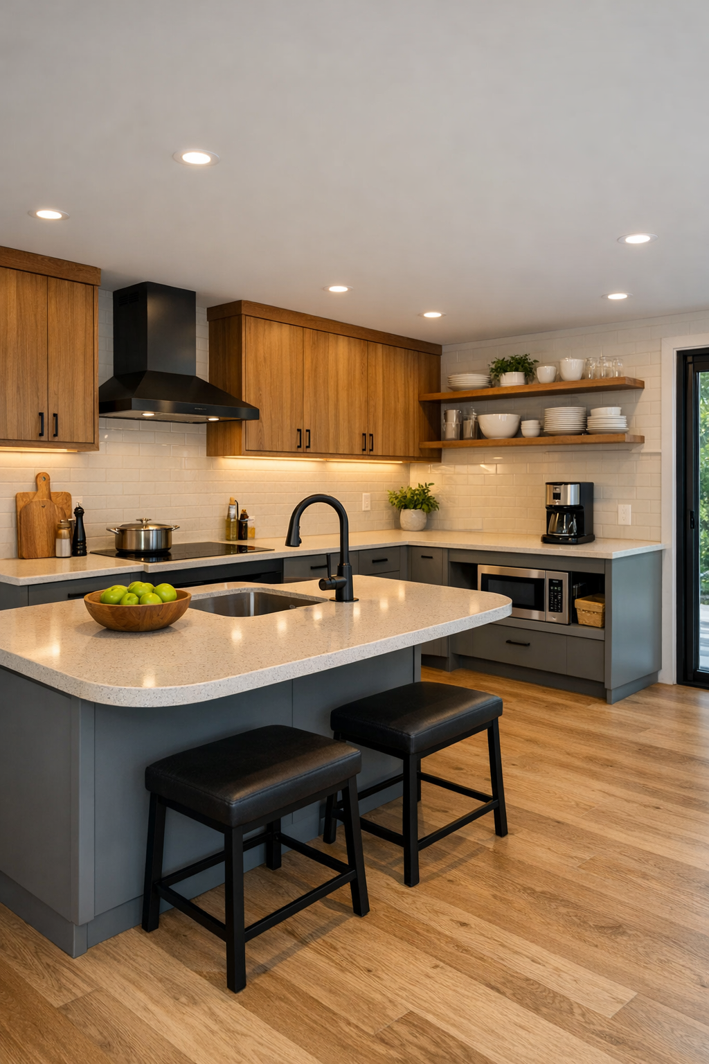 Accessible modern kitchen with warm wood and matte gray cabinetry, pale quartz counters, and a large island