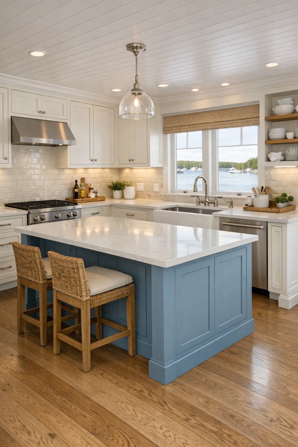Barrier-free coastal kitchen with blue island and creamy white cabinetry