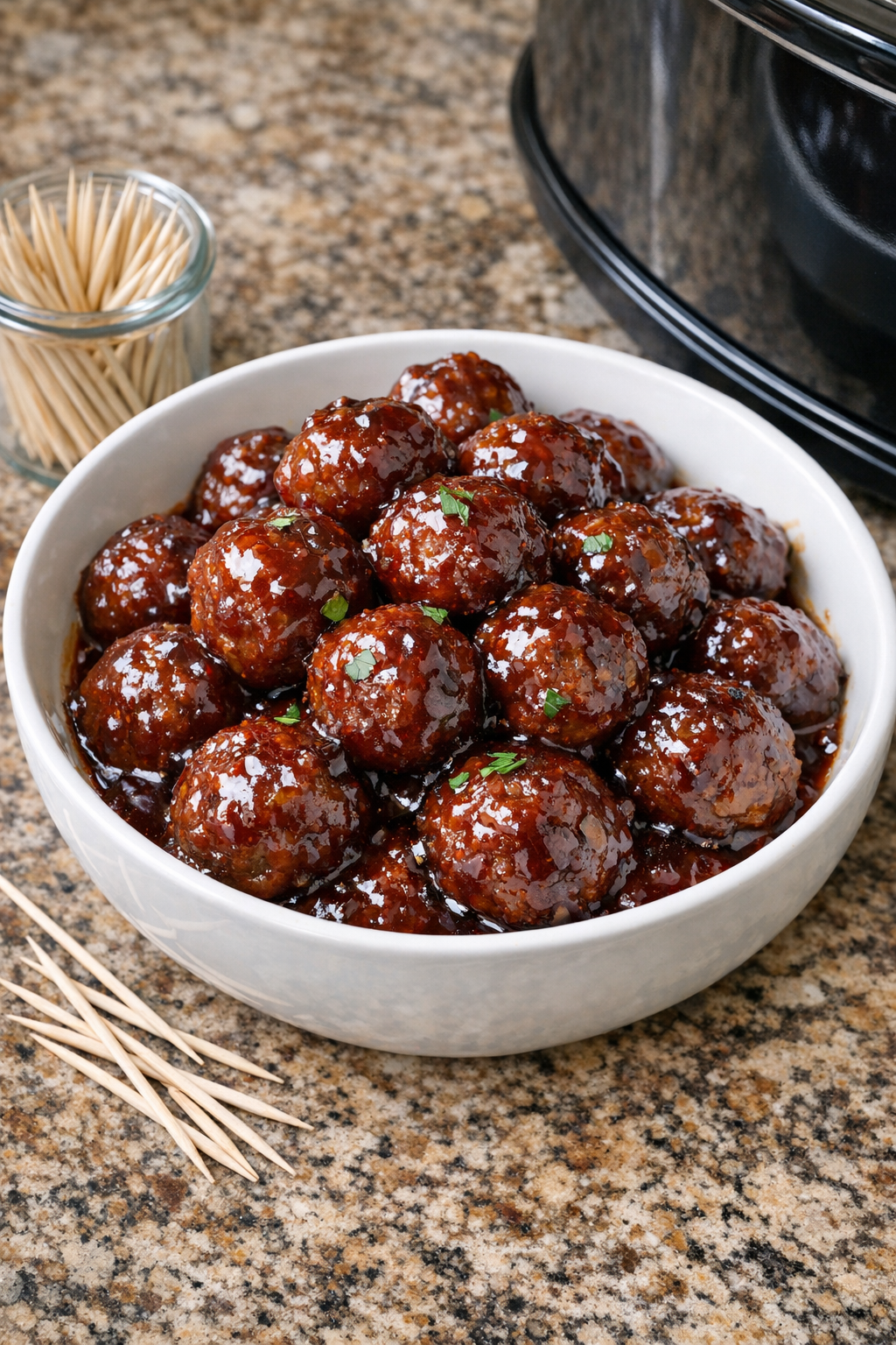 Finished sweet grape beef meatballs plated in a serving bowl