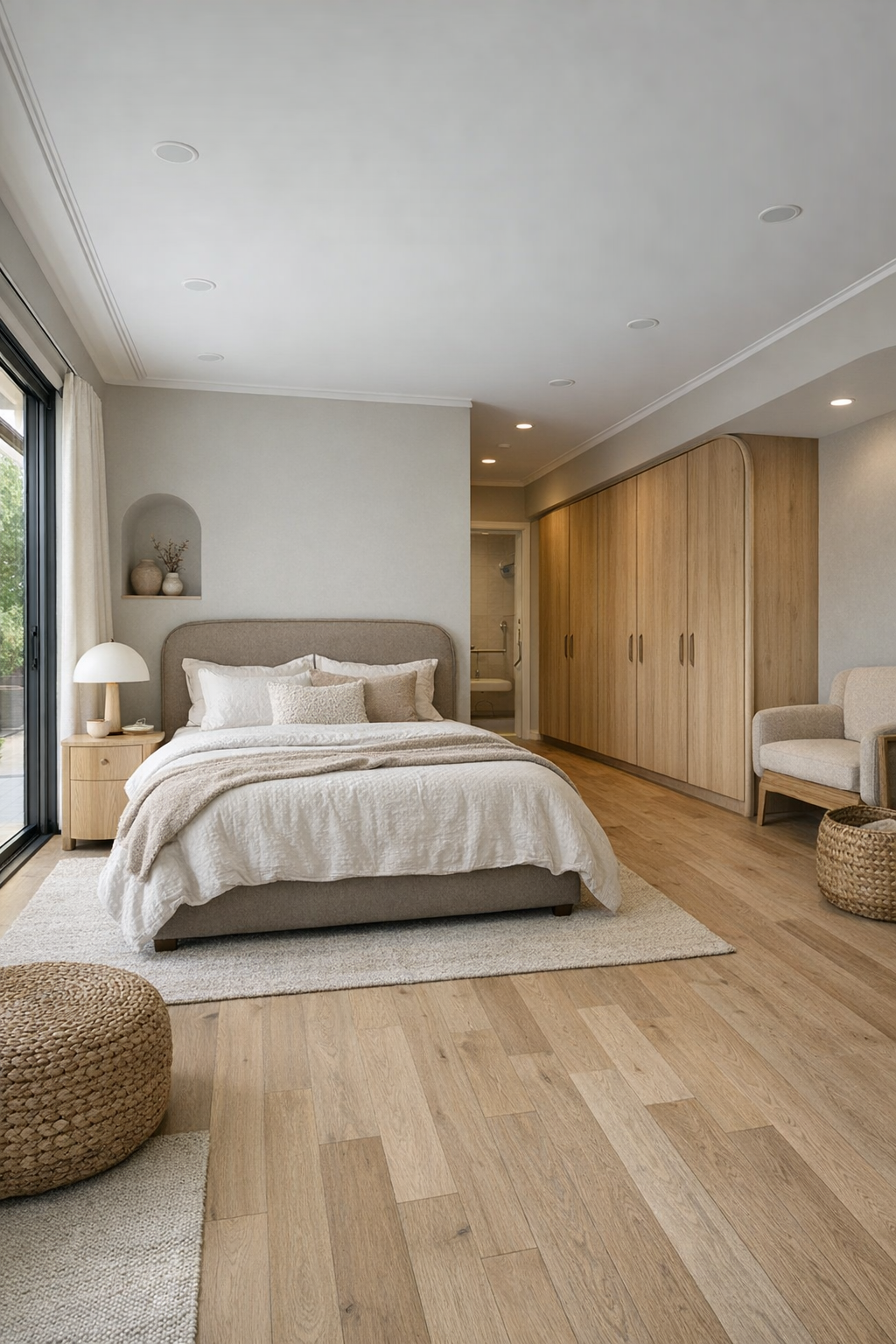 Serene modern bedroom with upholstered taupe bed, layered bedding, built-in wardrobes, and soft gray palette