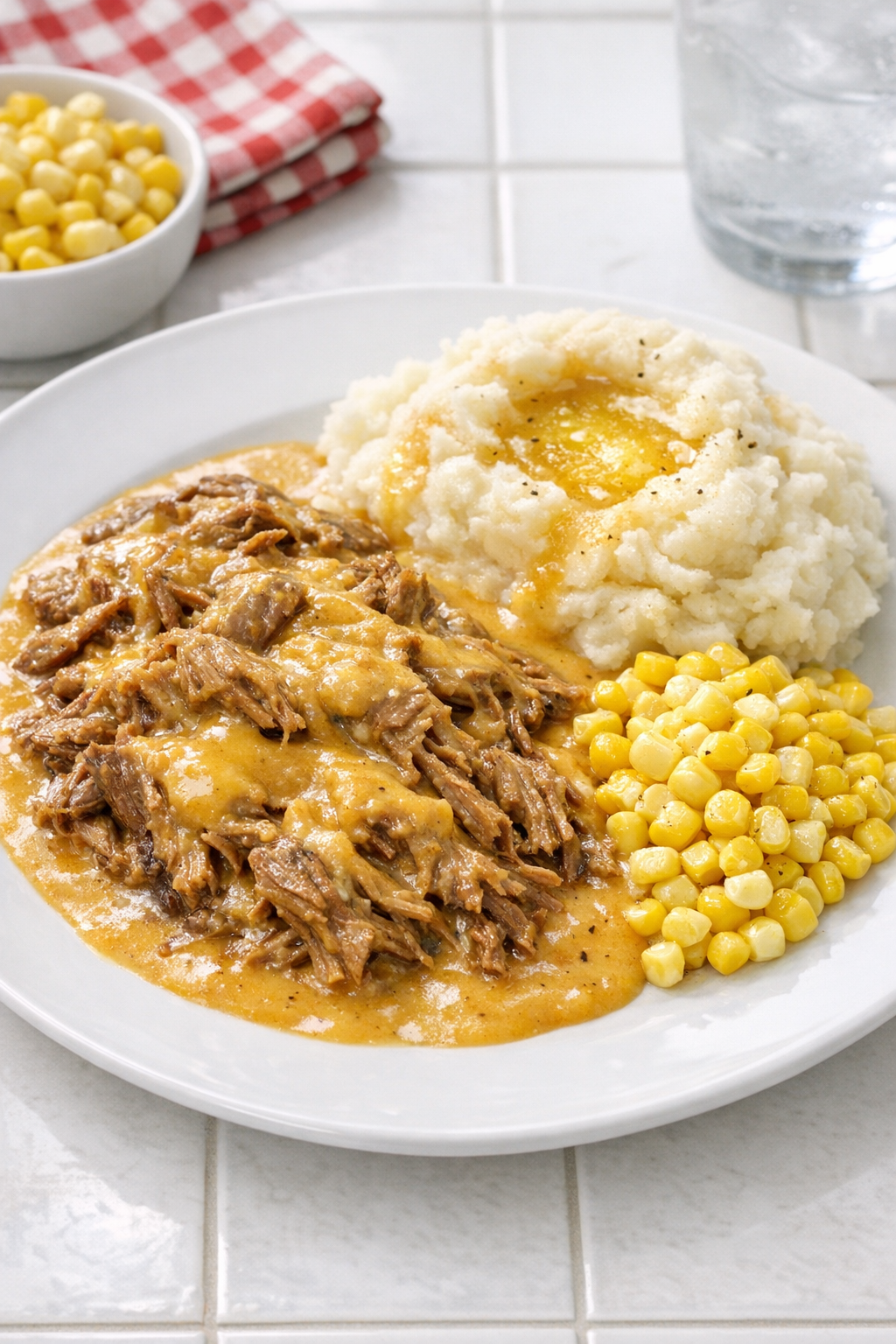 Finished plated shredded cheddar beef with summer sides