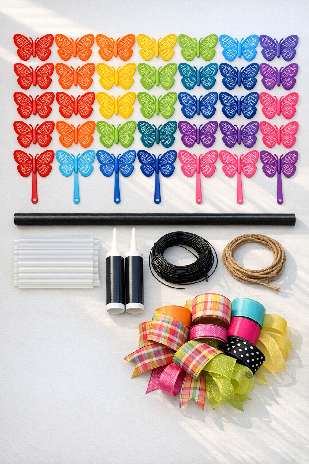 Colorful fly swatters, black broomstick, glue, and hanging supplies laid out for the project