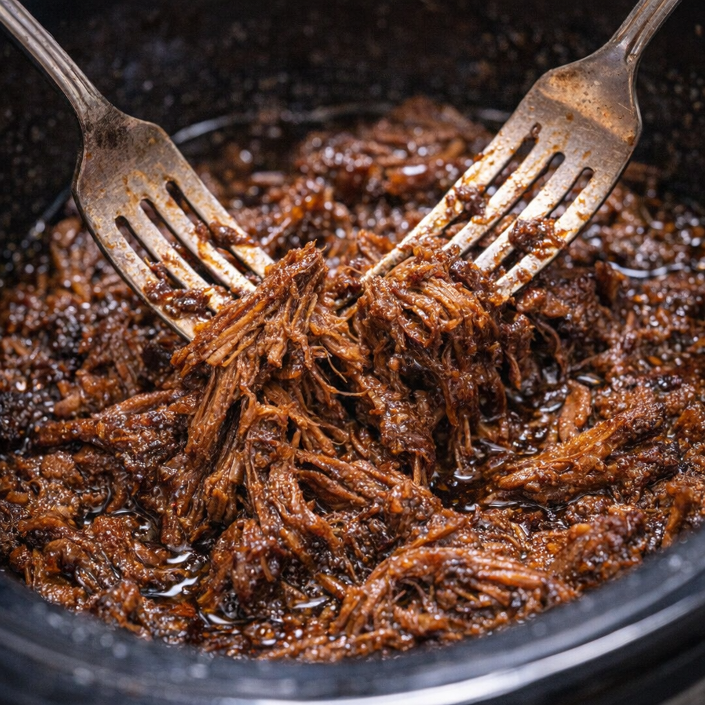 Forks shredding tender beef in the slow cooker