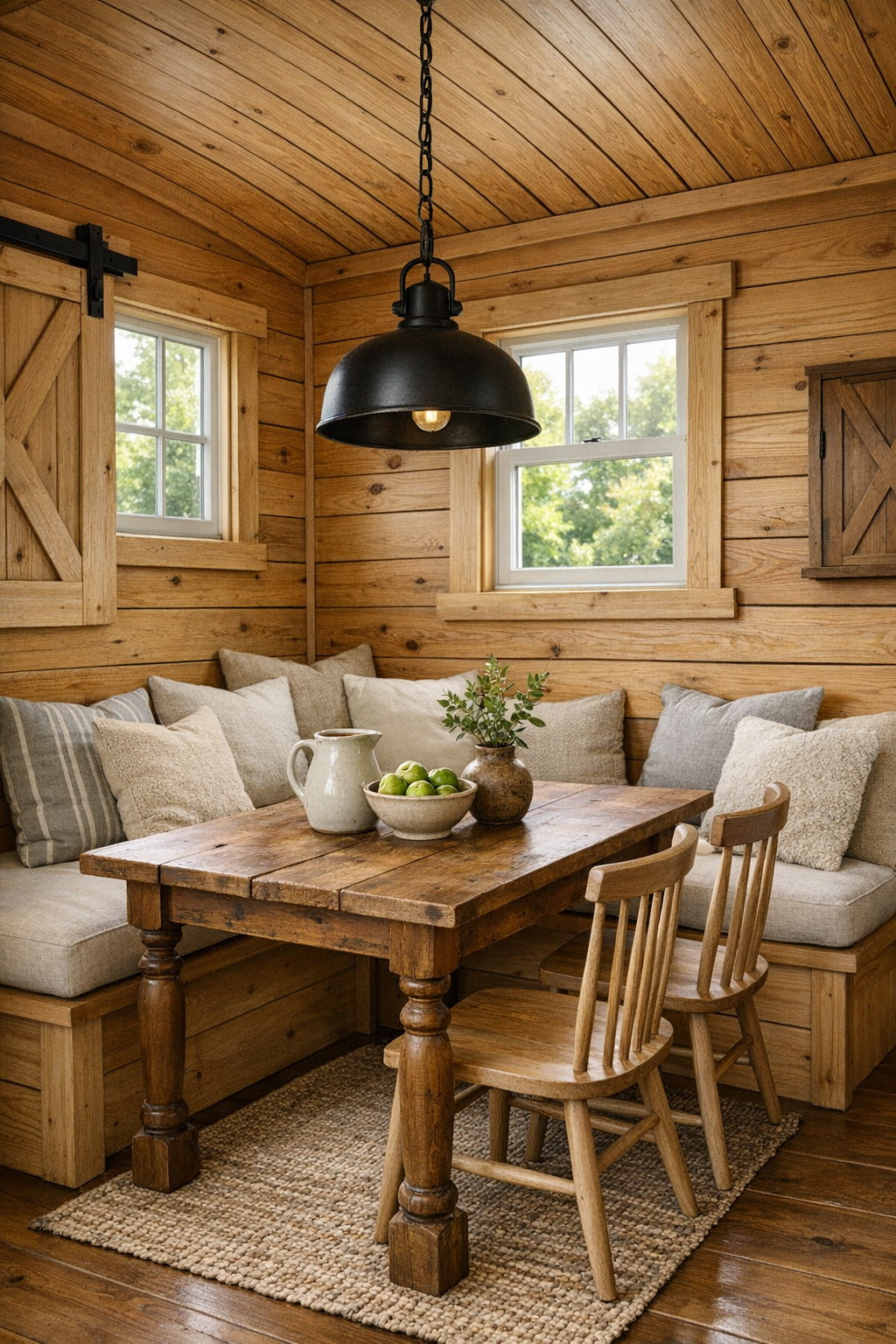 Cozy tiny home dining area with farmhouse table, built-in banquette, and iron pendant light