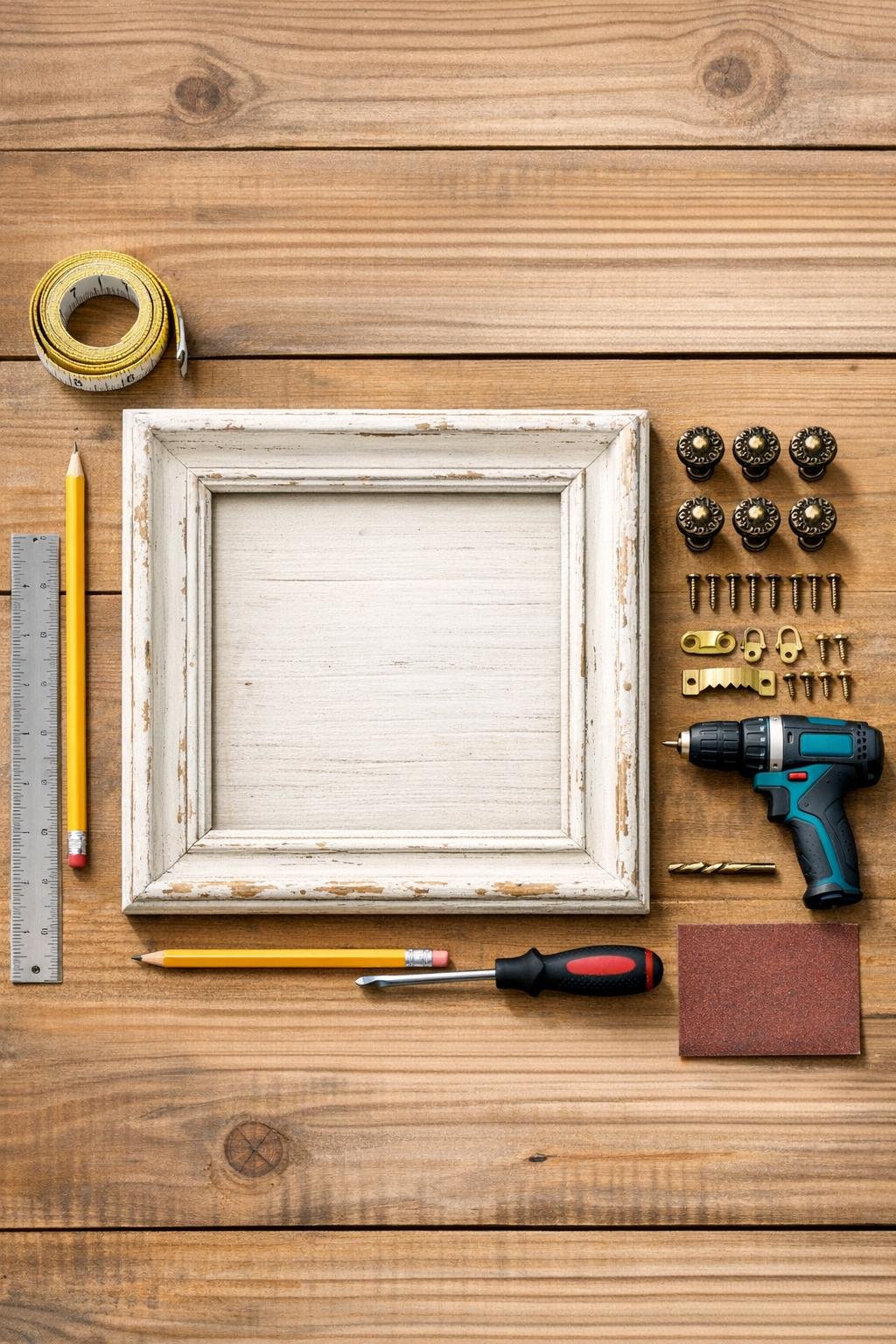 Materials laid out for a picture frame jewelry organizer