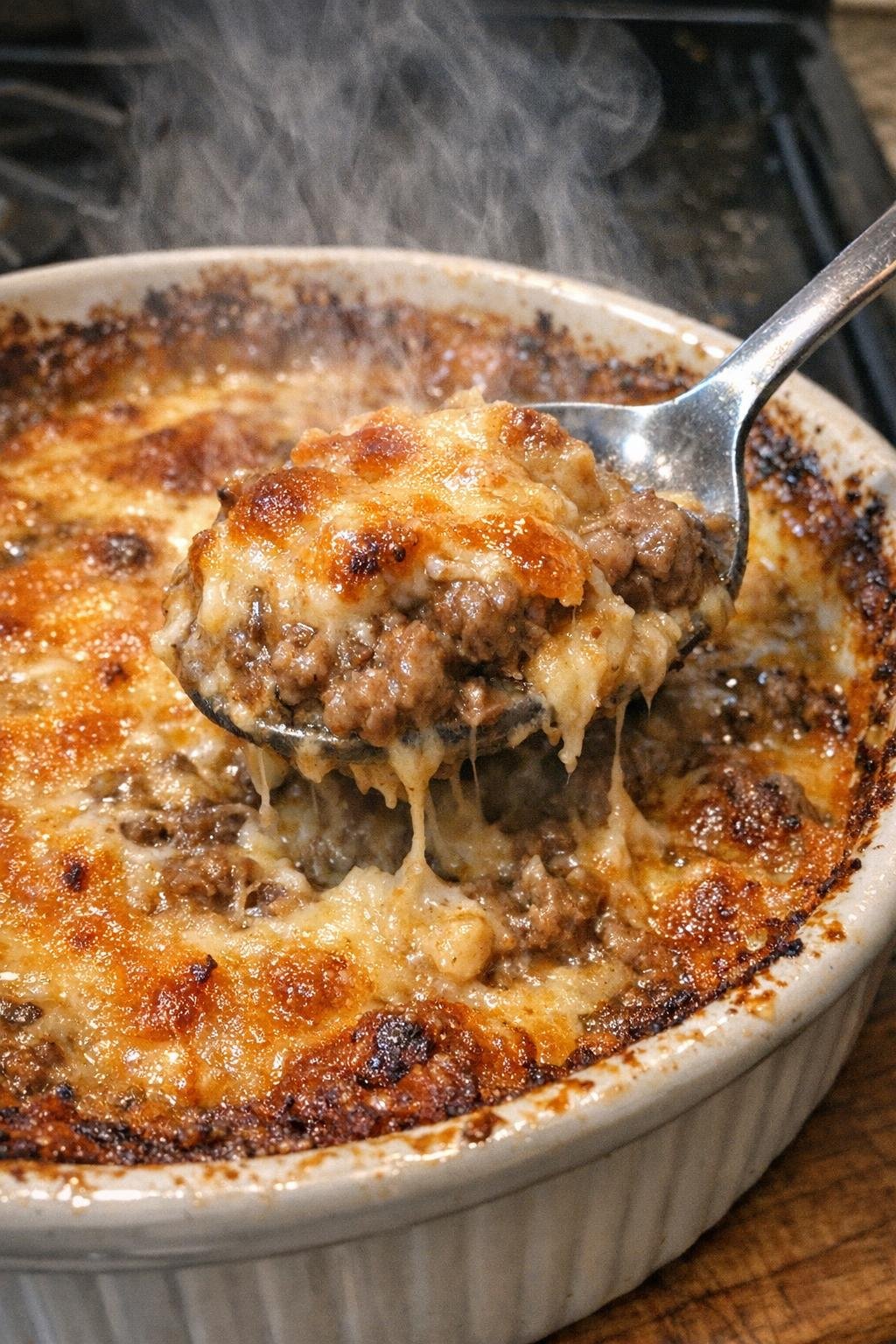 Bubbling hot beef dip in a round ceramic baking dish