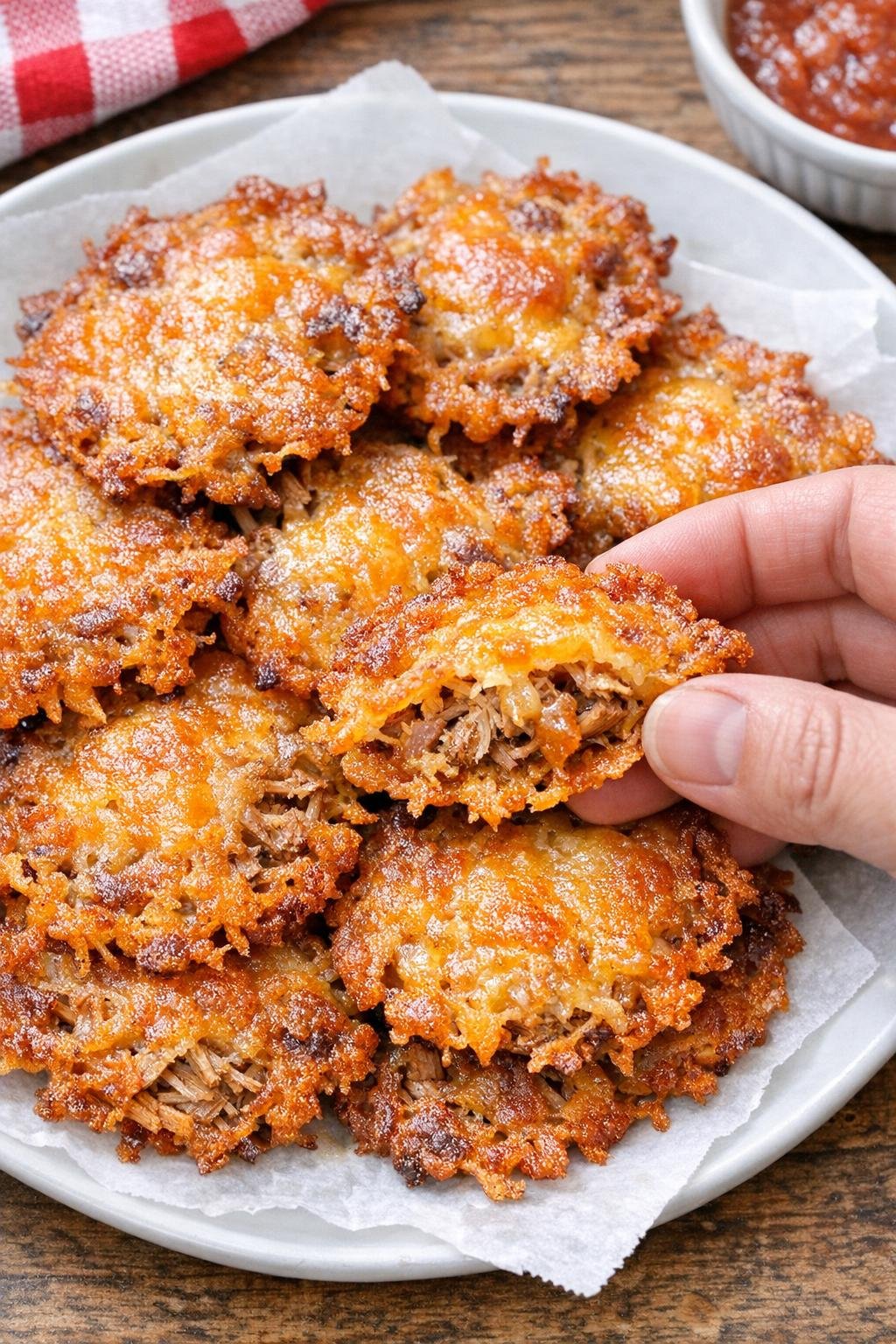 Low carb pulled pork Ashland crisps on a serving platter