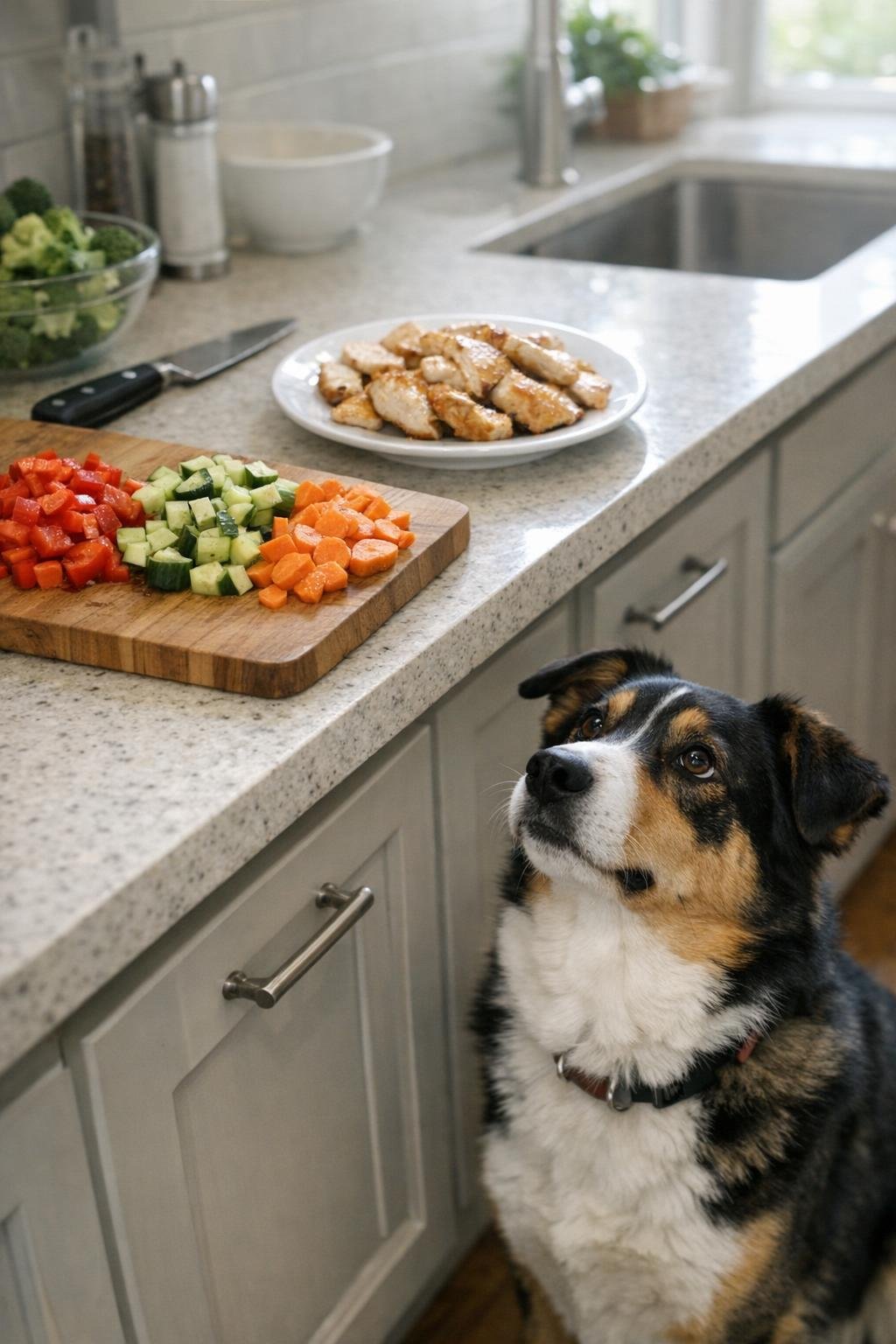 Dog watching a kitchen counter expectantly