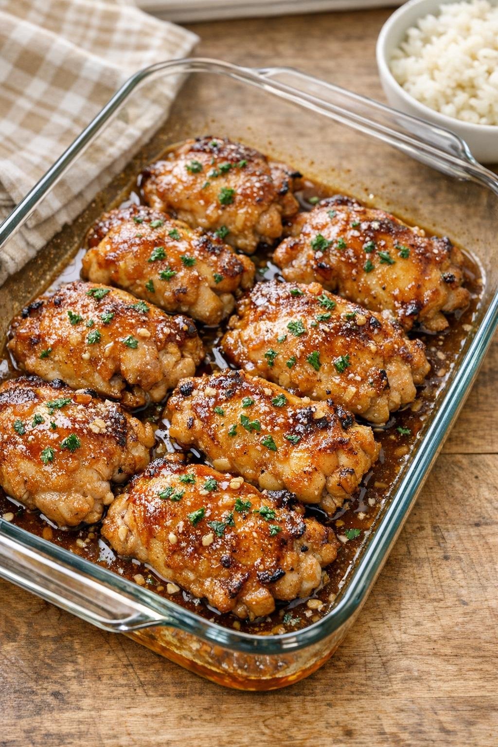 Finished honey garlic chicken thighs in a glass baking dish