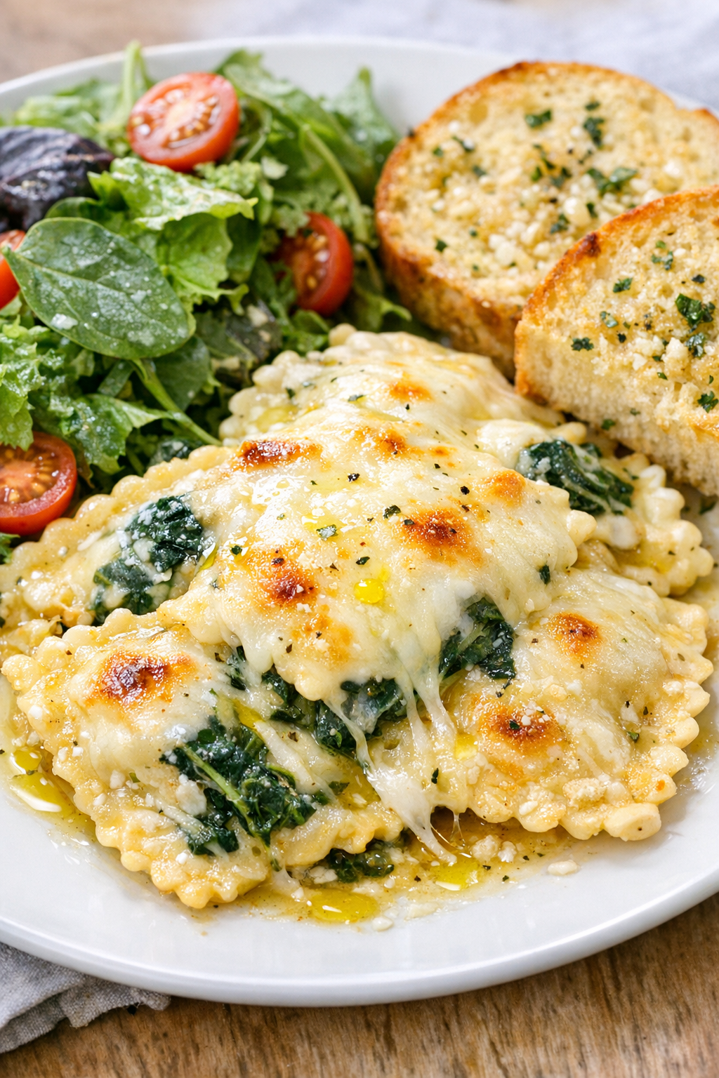 Plated cheesy spinach ravioli with simple sides