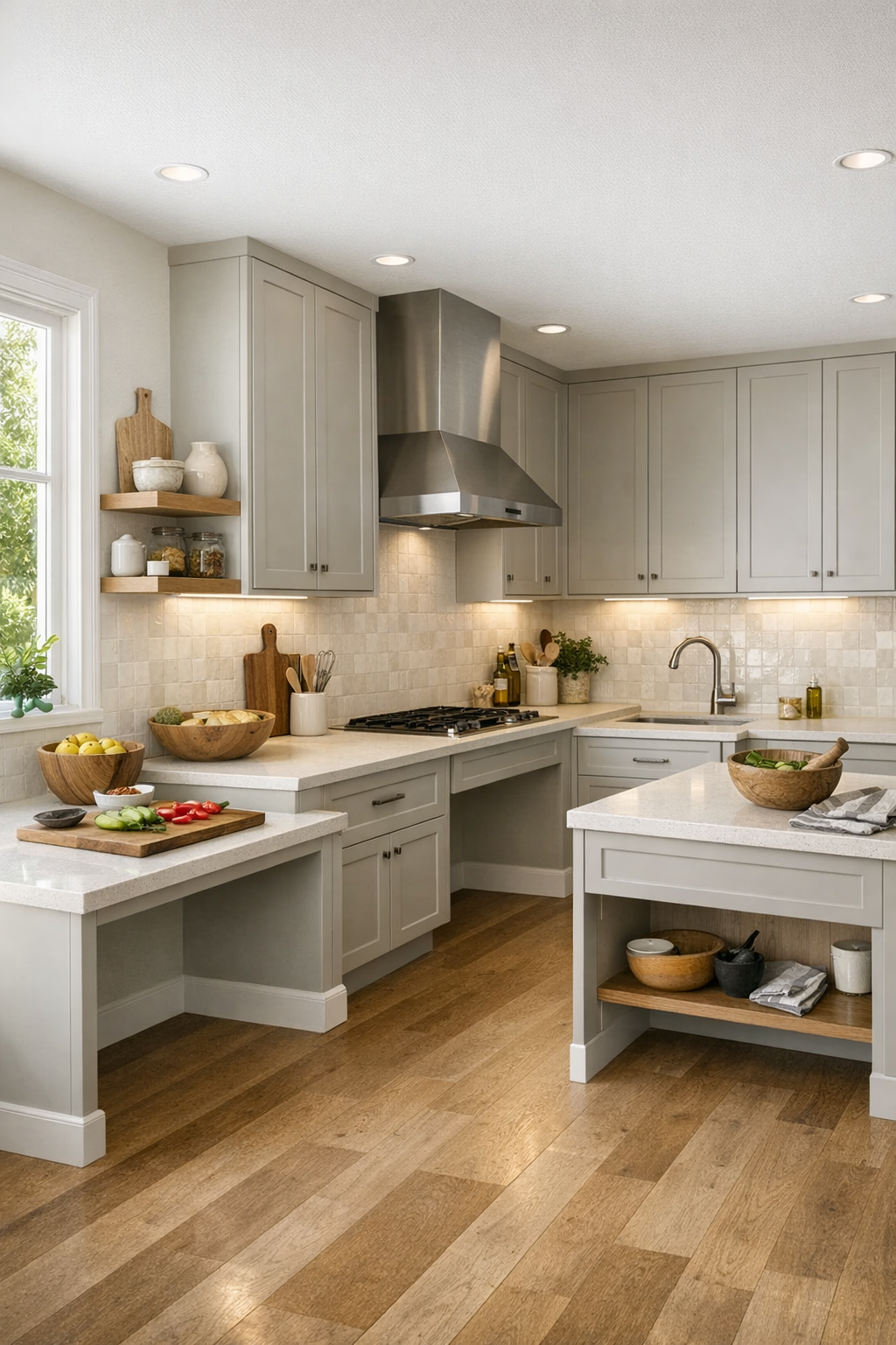 Accessible Mediterranean kitchen with putty cabinetry and pale stone surfaces