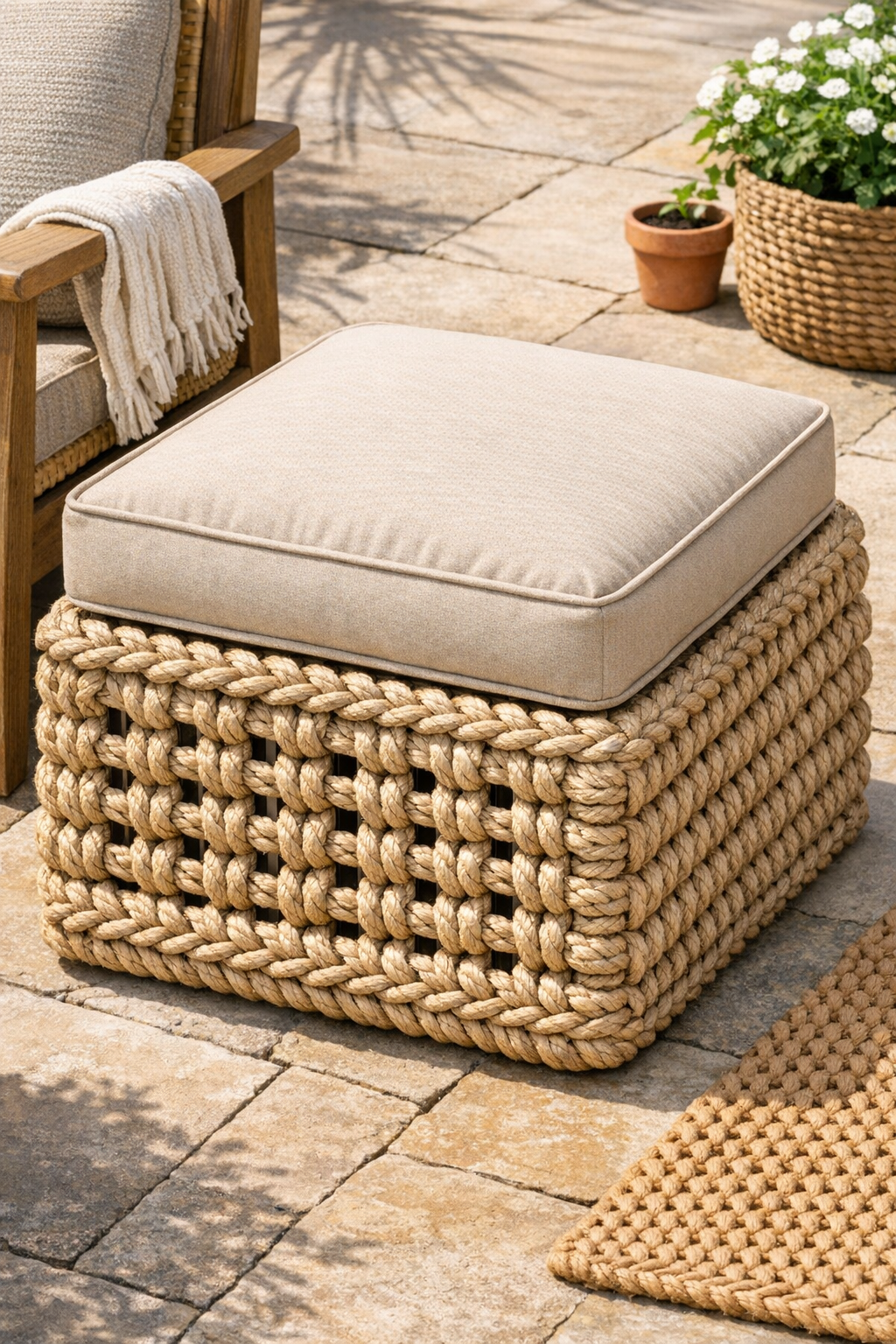 Finished rope-crocheted milk crate ottoman on an outdoor patio