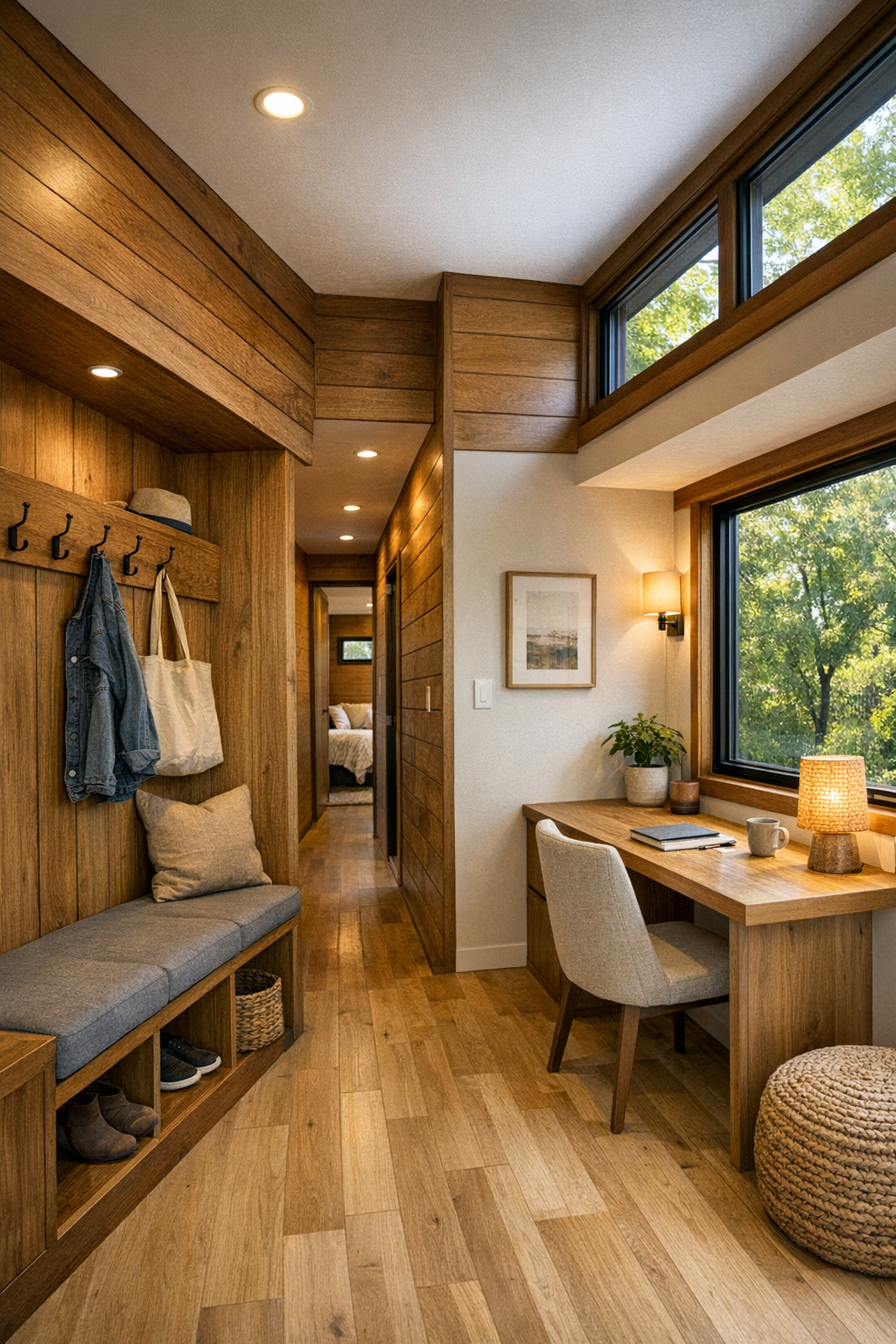 Hallway and flex nook with wood paneling, built-in bench, desk, and clerestory light
