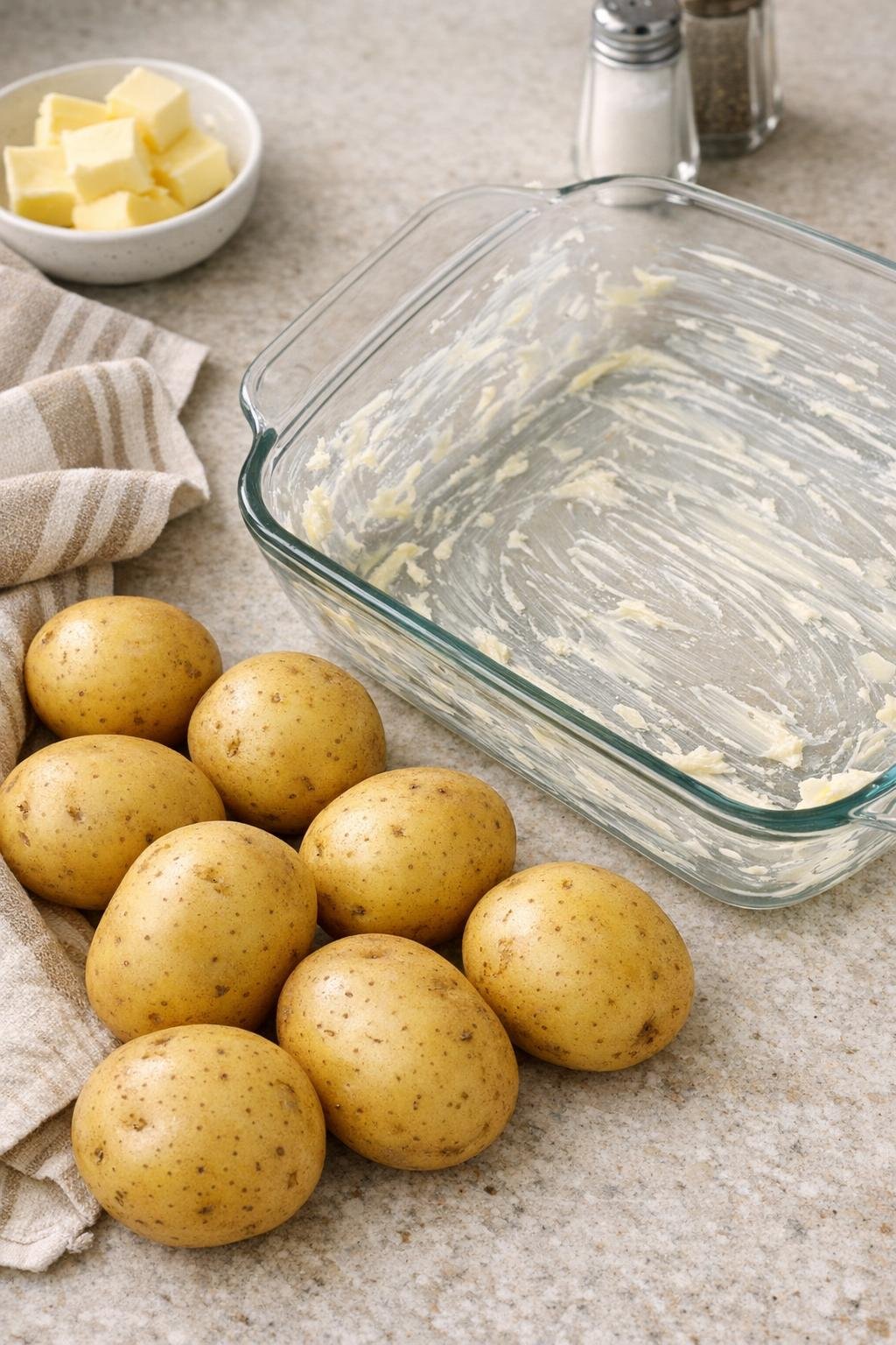 Clean potatoes beside a buttered baking dish