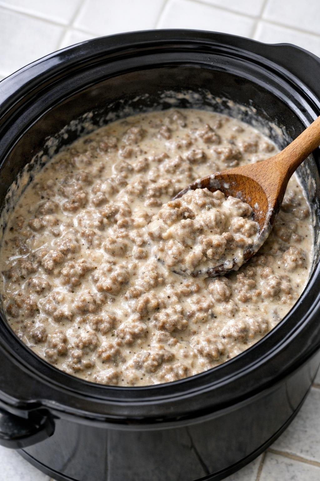 Creamed beef thickened and ready to serve