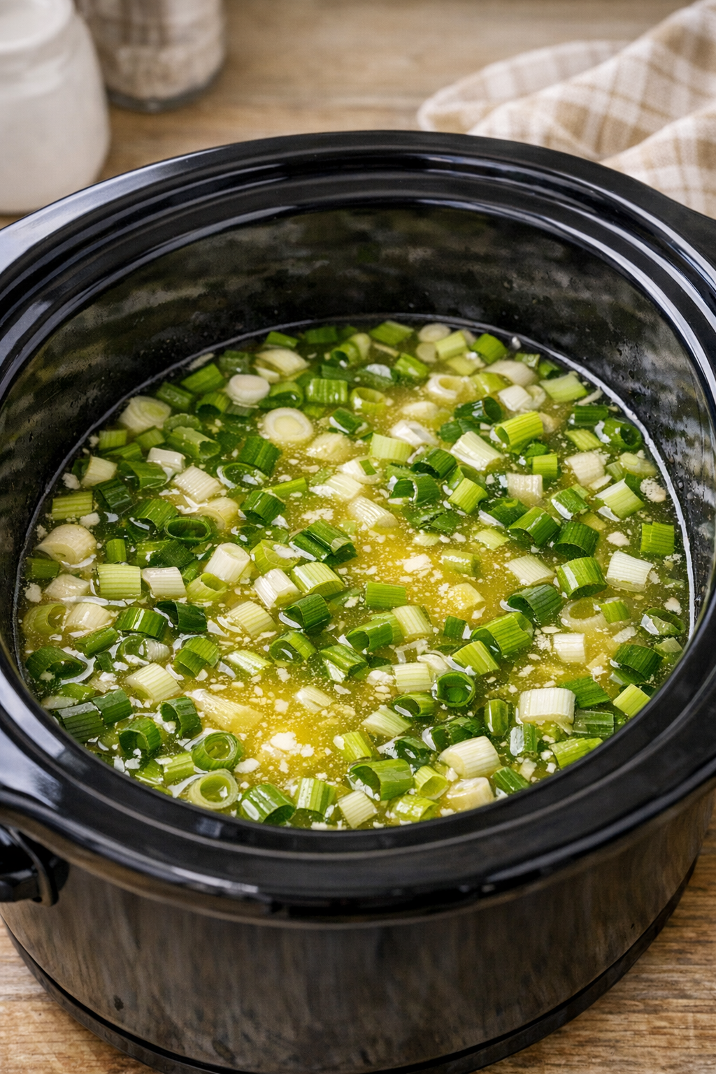 Broth, butter, and scallions mixed in a slow cooker