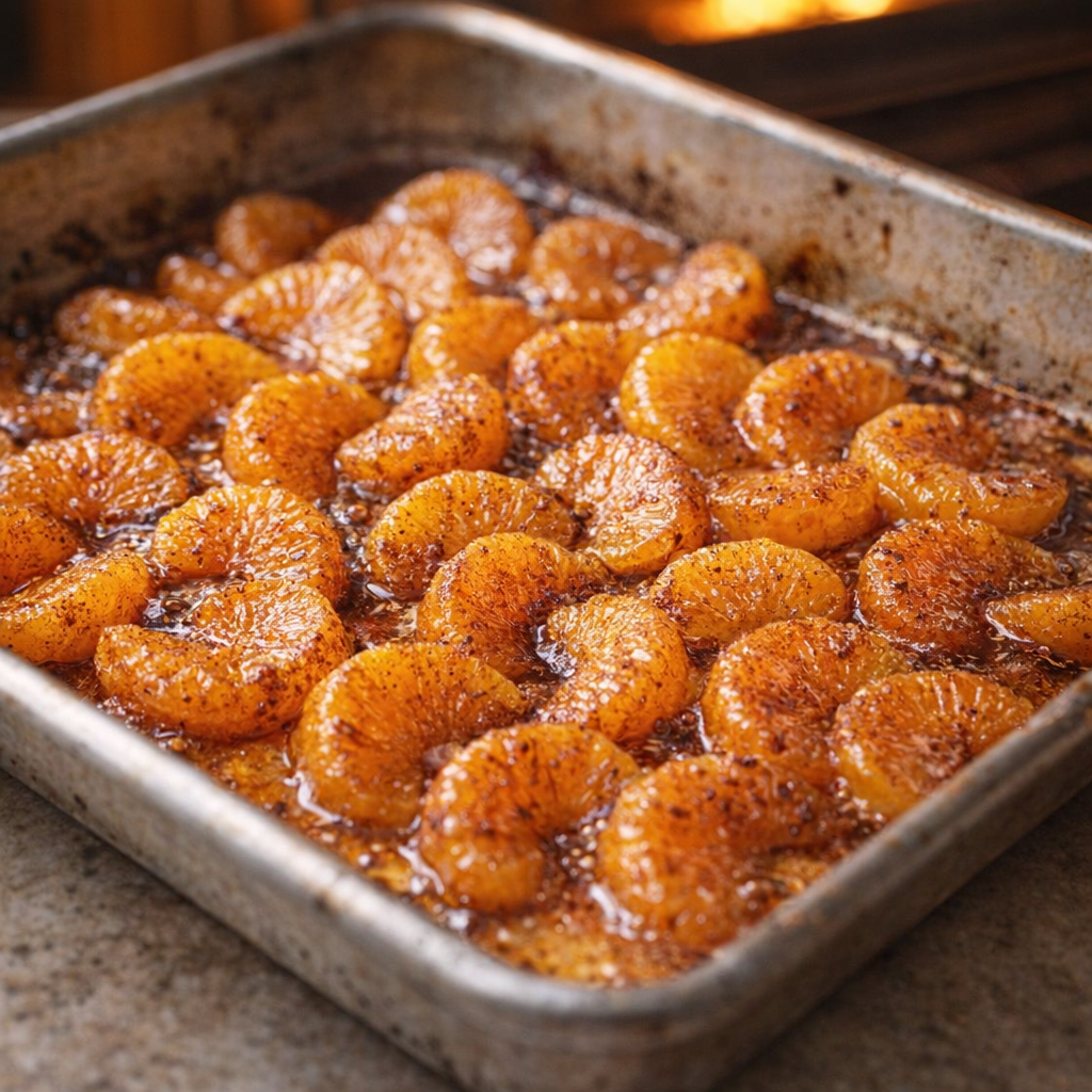 Mandarin oranges roasting on a baking sheet