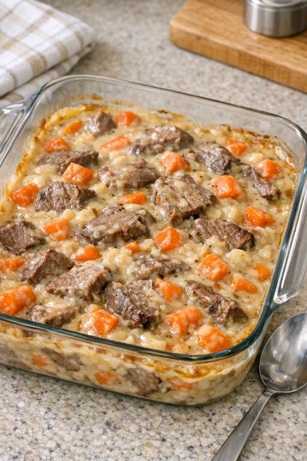 Finished Amish beef and carrot bake in a casserole dish