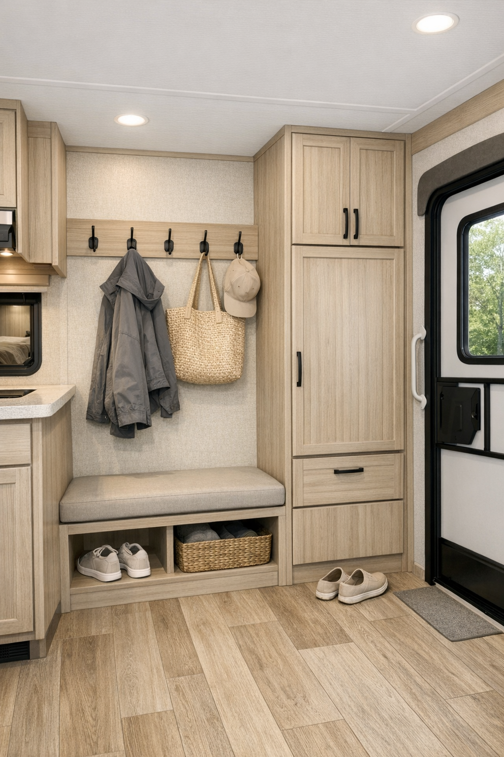 Well-organized RV transition area with built-in storage, bench seating, and clean accessible circulation