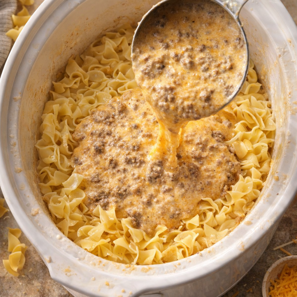 Uncooked noodles layered in a slow cooker with creamy beef sauce poured over top