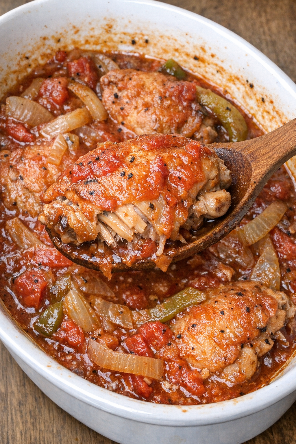 Tender chicken cacciatore in a white casserole dish