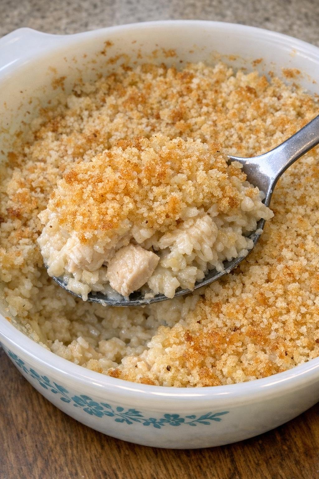 Creamy chicken and rice casserole with golden topping in a vintage Pyrex dish