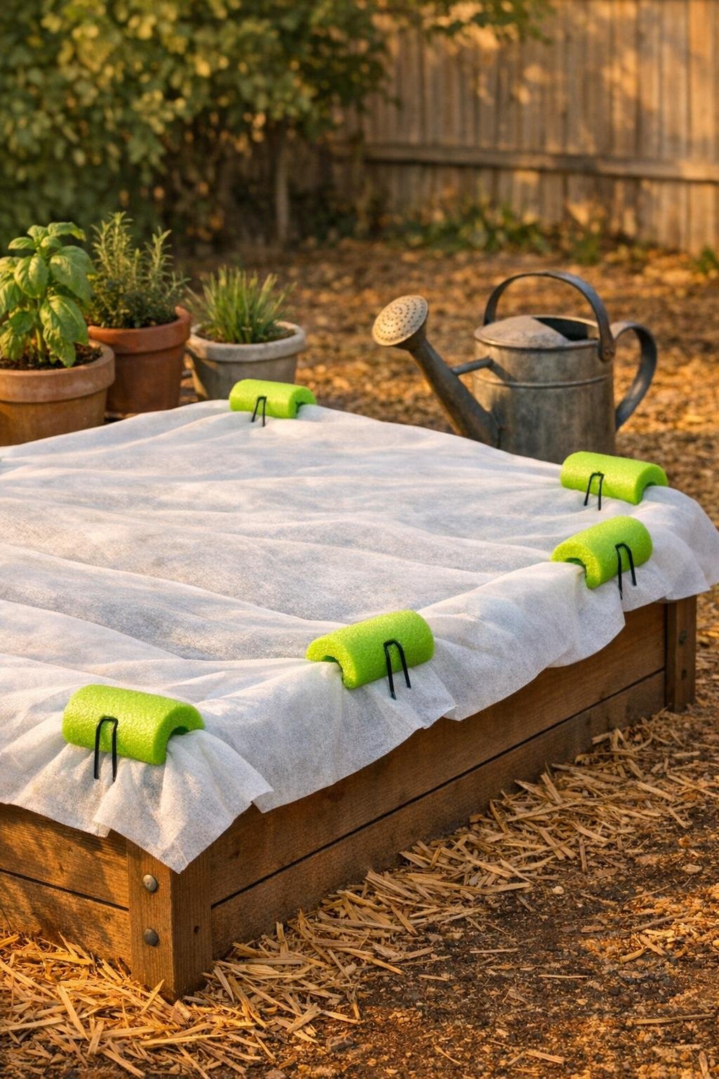 Finished raised bed tarp anchors made from pool noodle pieces and landscape staples