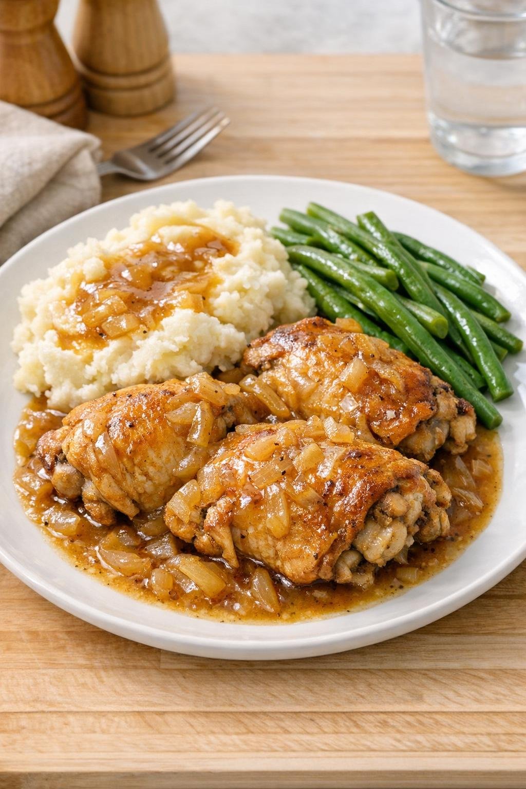 Finished plated slow cooker chicken thighs with rich onion gravy