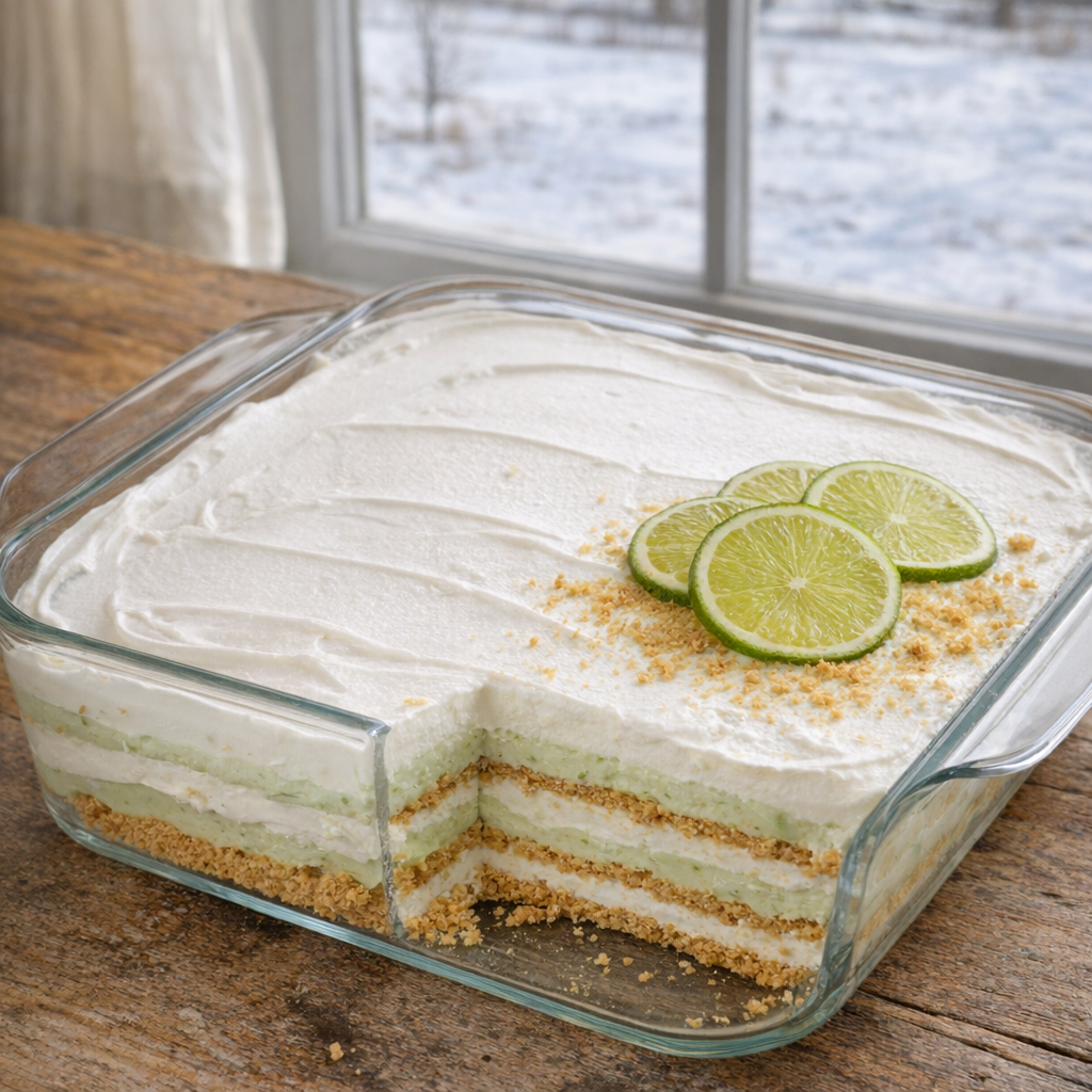 Glass dish of key lime icebox cake on a farmhouse table