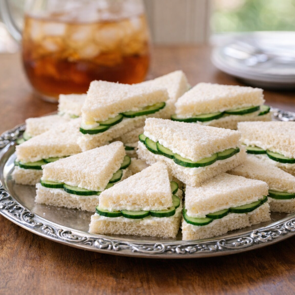 Tray of cucumber tea sandwiches ready for a gathering