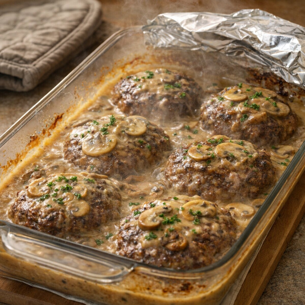 Poor man's steak bake fresh from the oven with bubbling gravy