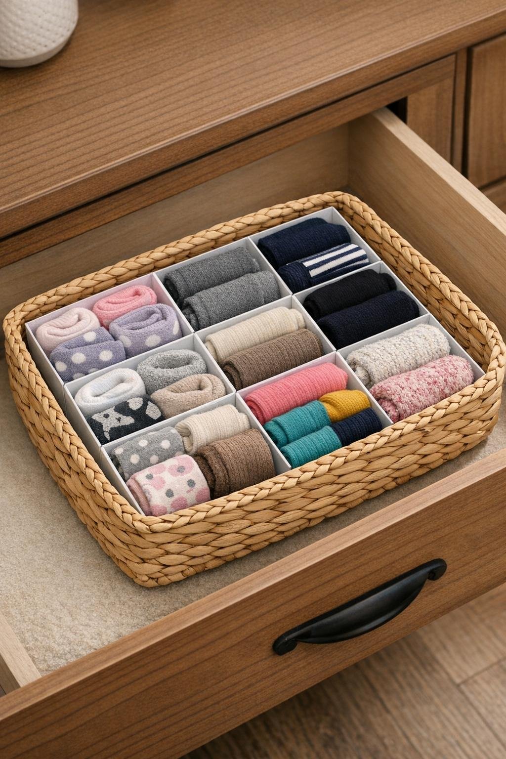 Finished sock drawer organizer made from white gift boxes in a woven basket