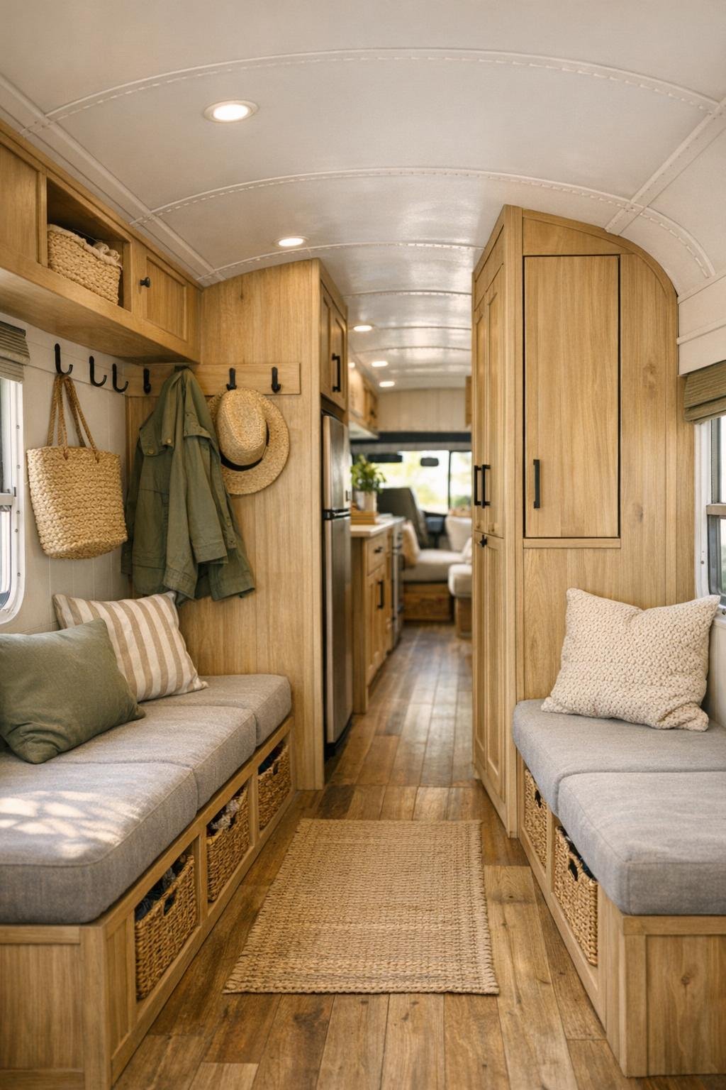 Functional bus entry and hallway with built-in storage and warm wood finishes