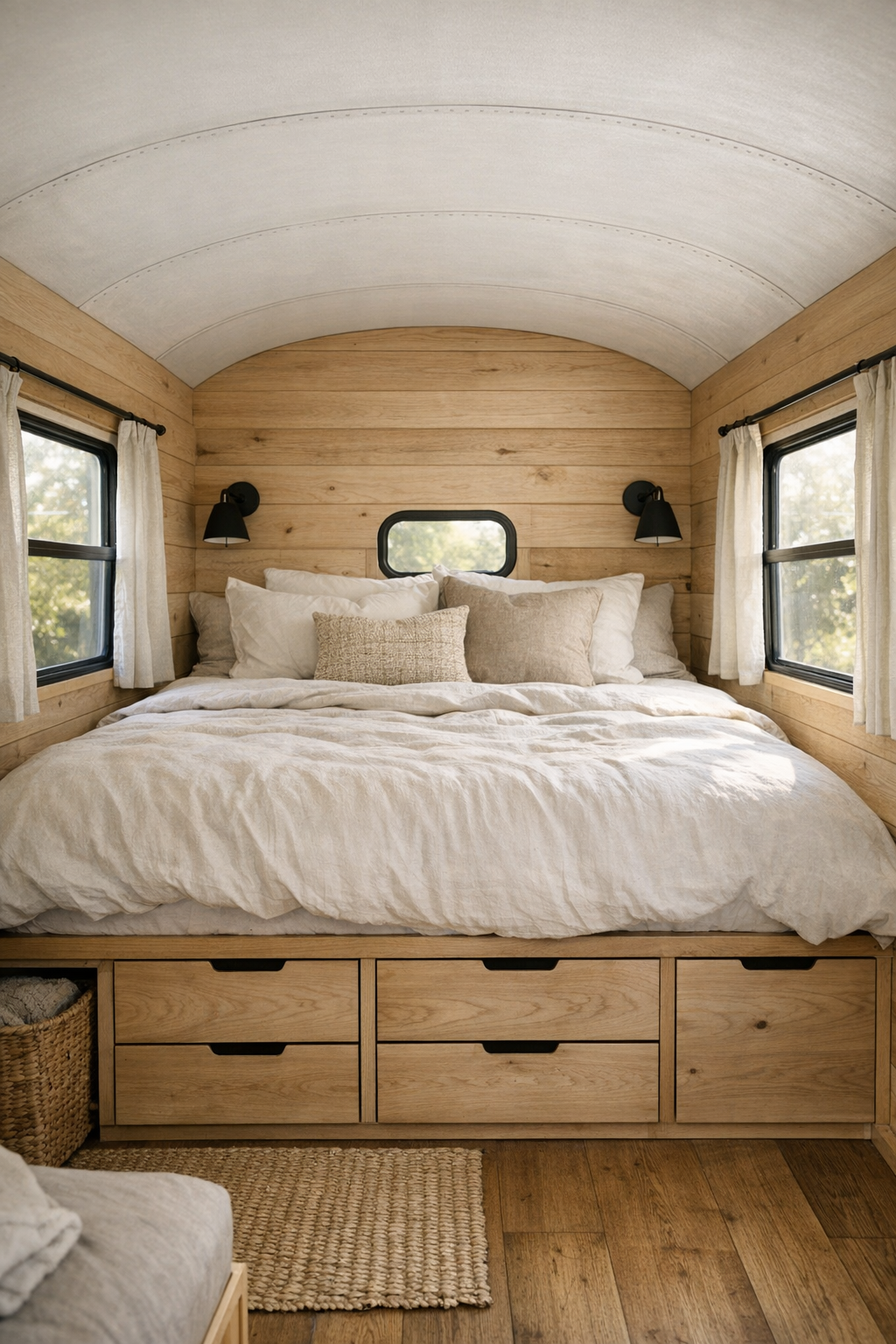 Cozy rear bedroom in a converted bus with built-in bed and soft neutral bedding