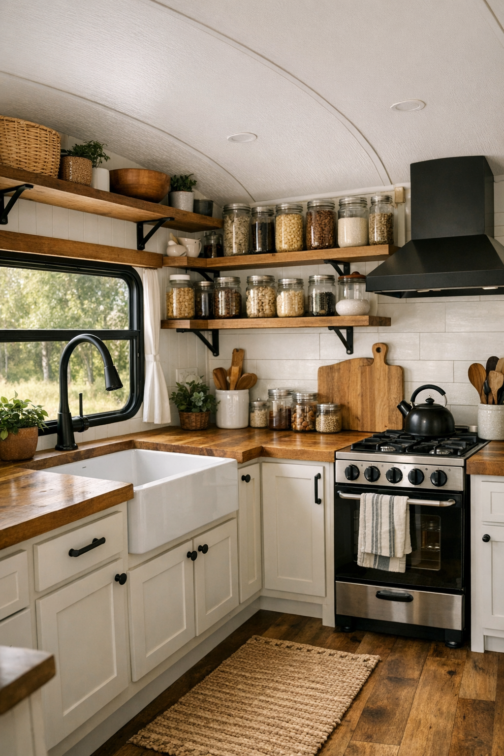 Bright bus kitchen with butcher block counters, open shelving, and farmhouse sink