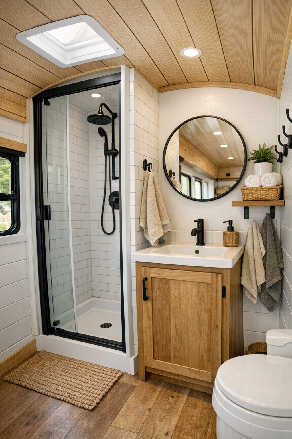 Compact bus bathroom with corner shower, light tile, and warm wood accents