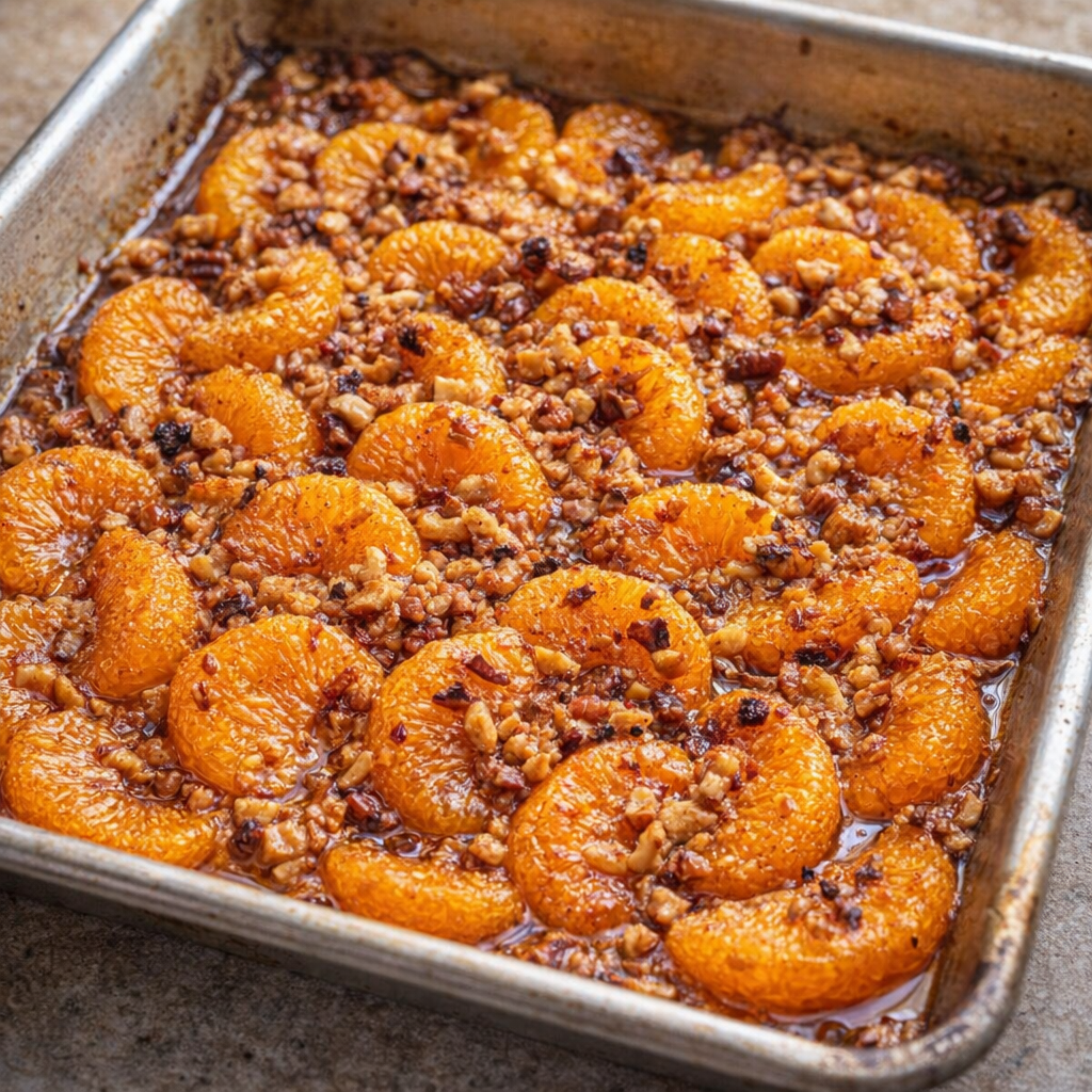 Baked mandarins topped with chopped nuts