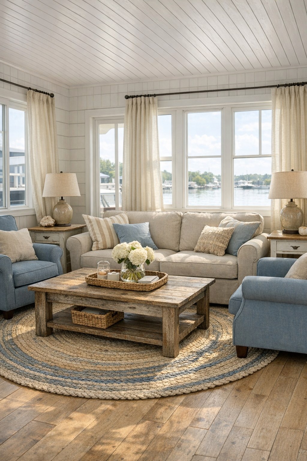 Cozy cottage-style houseboat living room with pale wood floors and soft blue seating