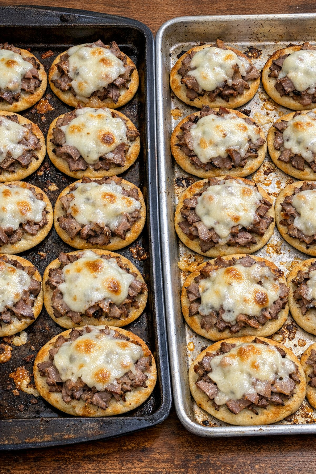 Oven baked beef flatbreads with melted provolone