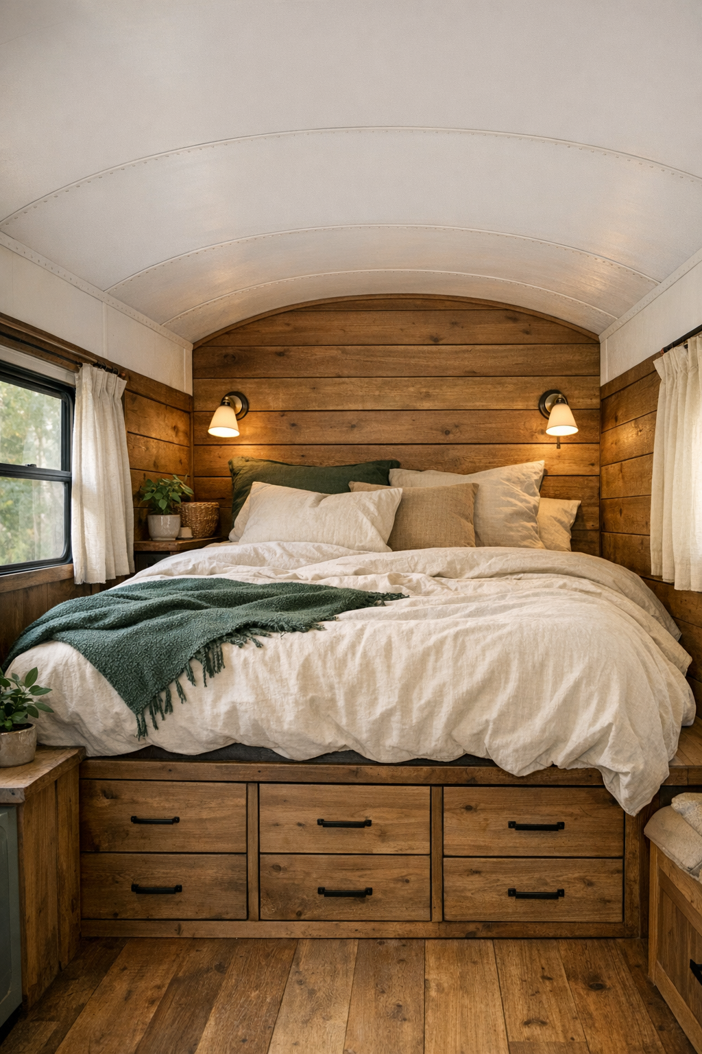 Peaceful bedroom at the back of a converted bus with a platform bed and soft linen bedding