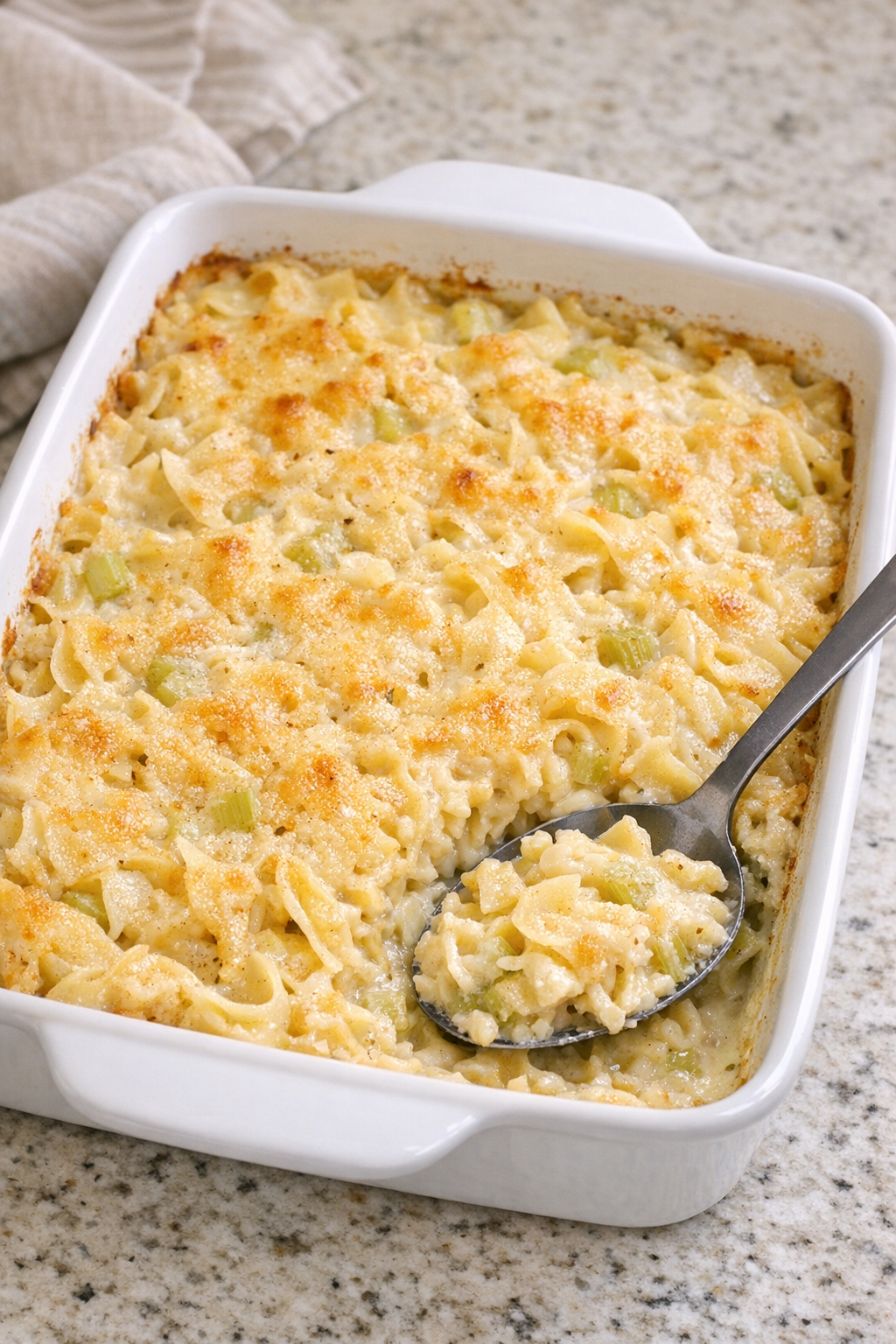 Finished Amish celery noodle casserole in a ceramic baking dish