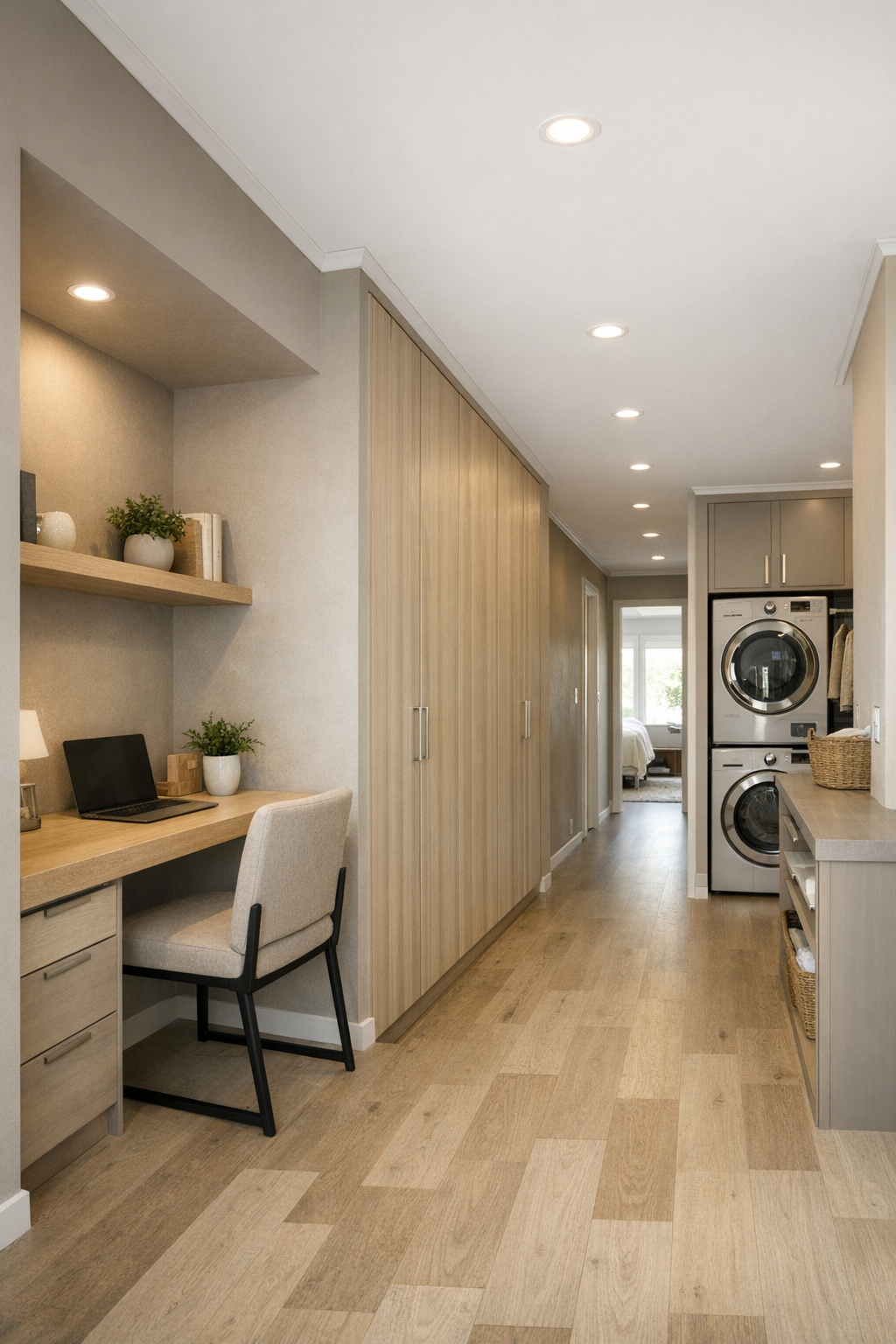 Thoughtful secondary spaces with storage, office nook, and cohesive taupe finishes