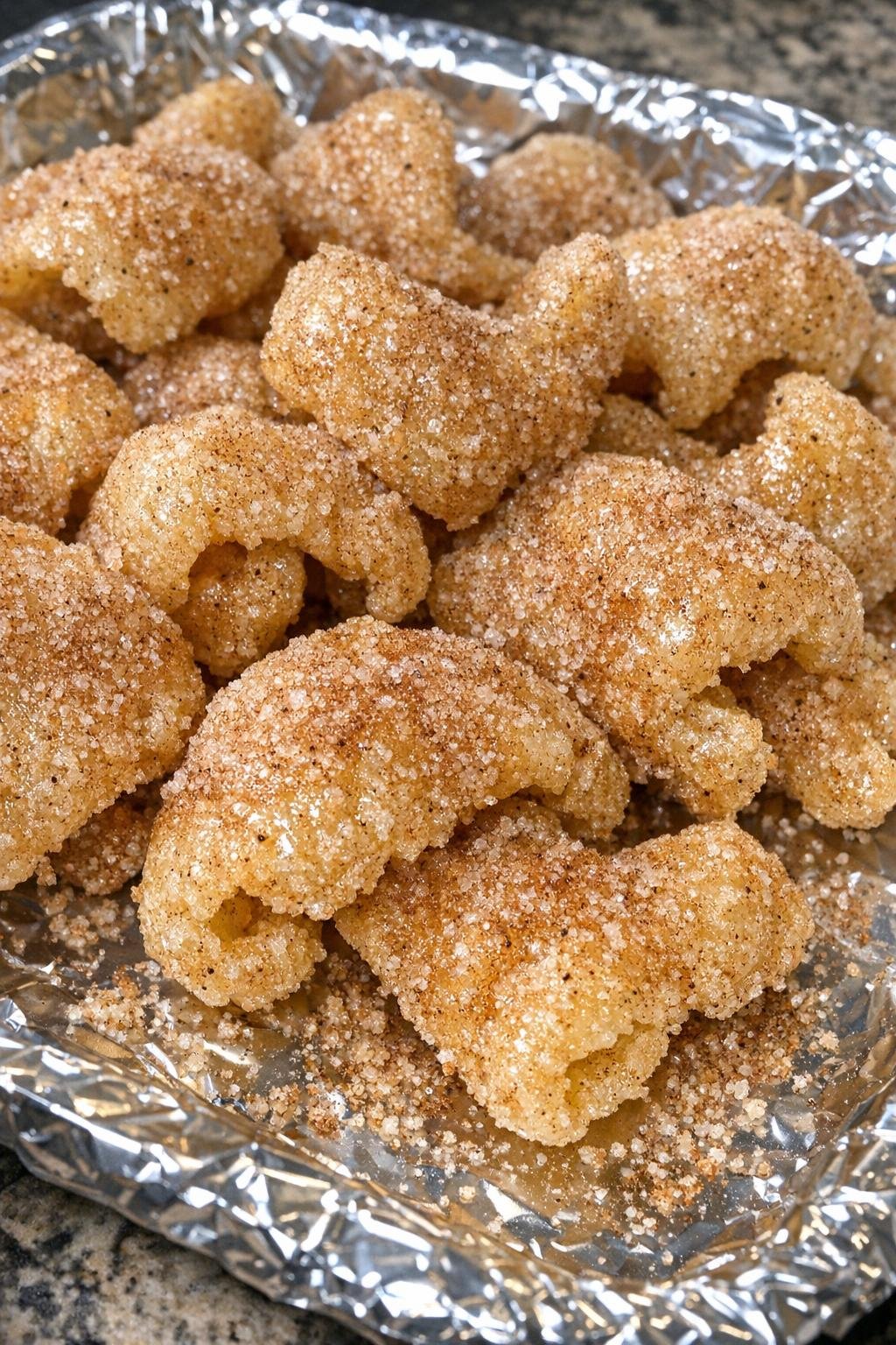 Golden cinnamon-coated pork rinds on a foil-lined tray